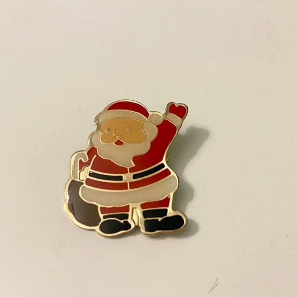 Vintage Santa Claus Pin Red White and Black Enamel Waving Santa Claus Brooch - Picture 2 of 12